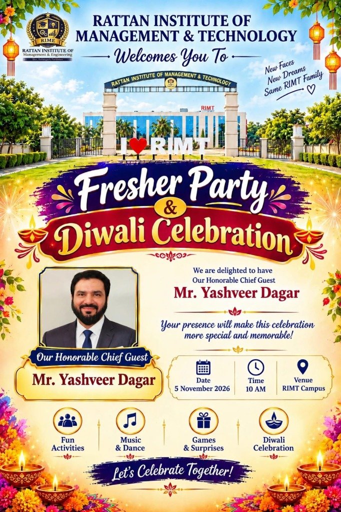 Fresher Party & Diwali Celebration 2026 with Chief Guest Mr. Yashveer Dagar at RIMT
